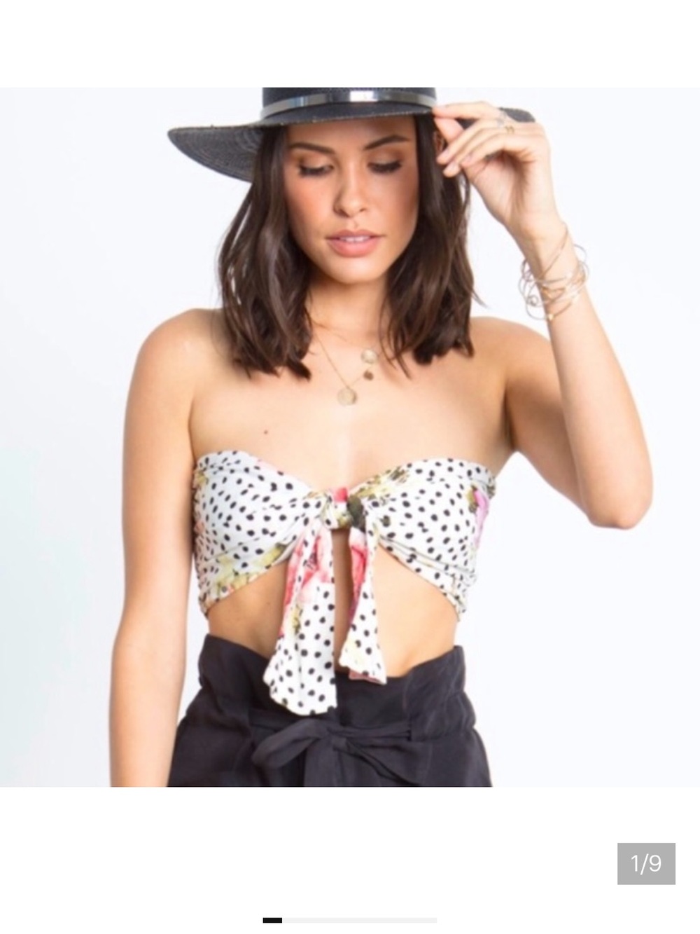 Stillwater Tie-Front Strapless Bandeau Top - White with Black Dots Small